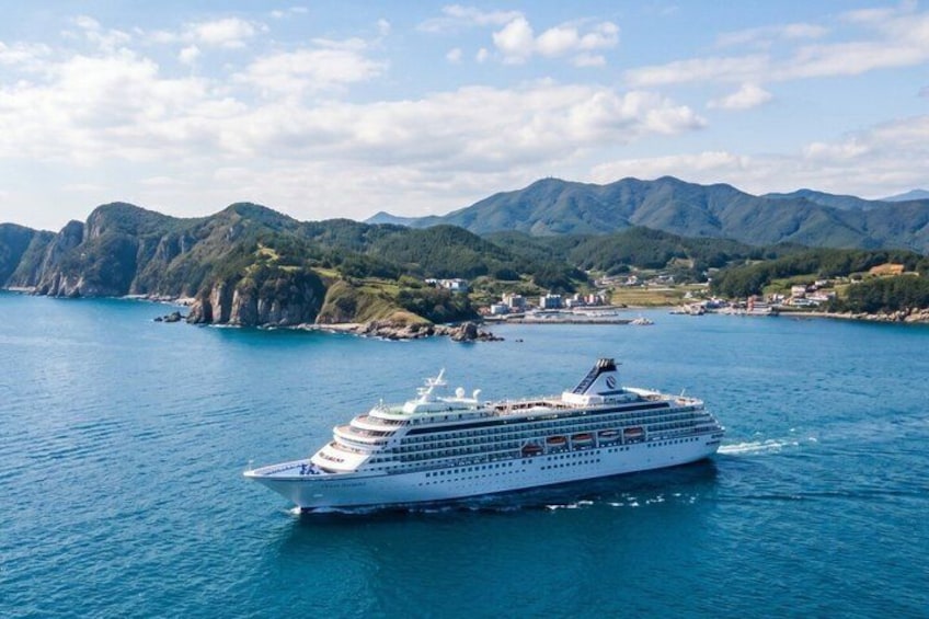 A large cruise ship sailing in a coastal area with mountains in the background. 1