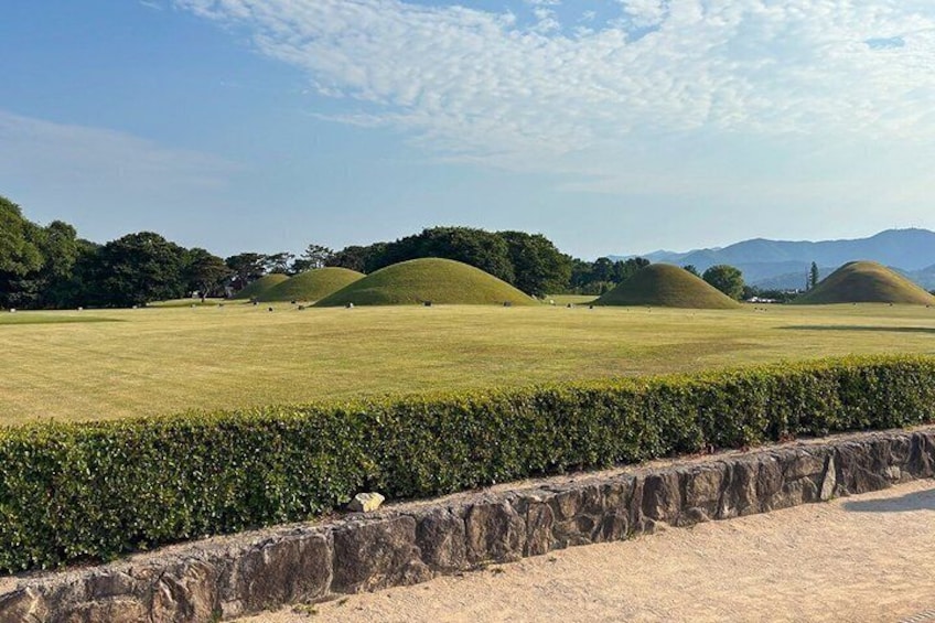 A grassy field with rolling hills and a stone wall in the foreground. 2
