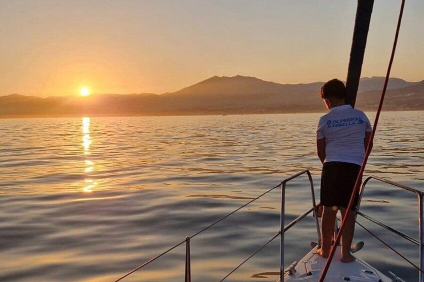 A person standing on a boat deck during sunset, with calm water and mountains in the background. 5