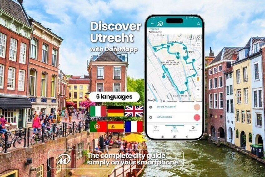 A smartphone displaying a map of Utrecht, with a canal and historic buildings in the background. 1