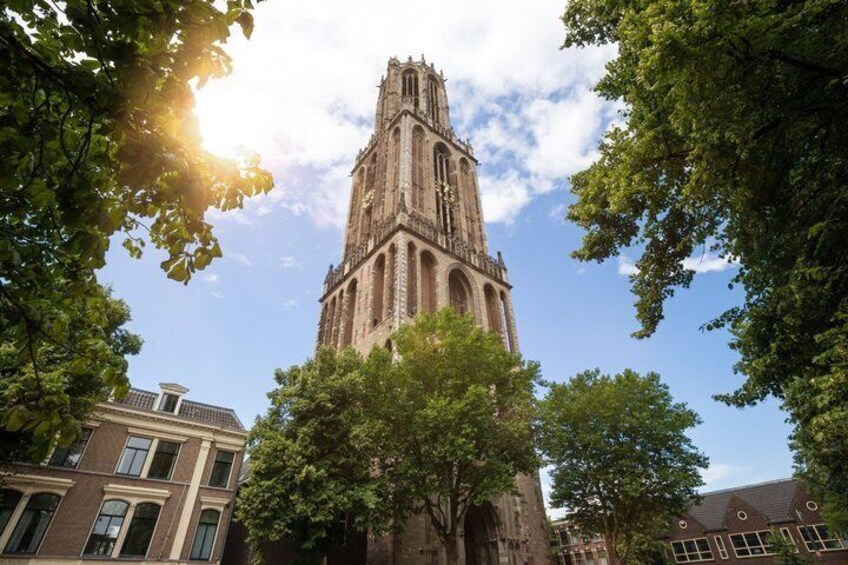 A tall church with a tower, surrounded by trees and buildings. 5