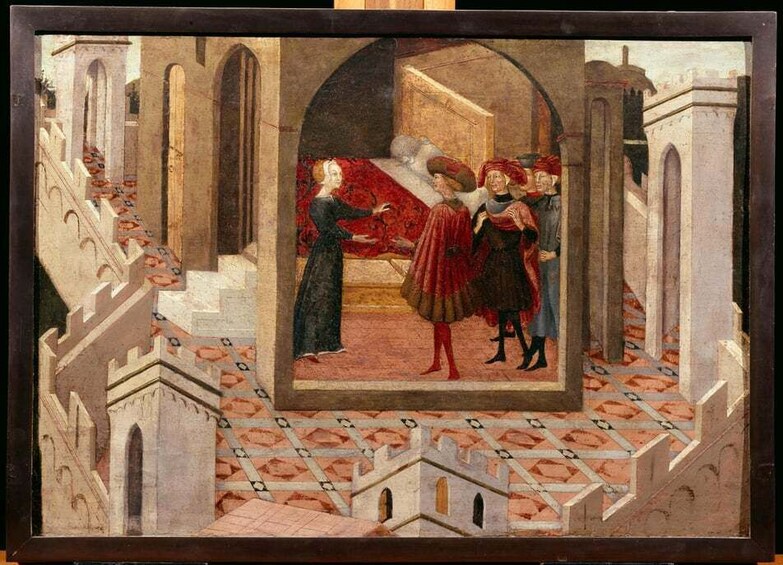 A medieval scene with a central figure in red, surrounded by others in a stone building with arches. 5