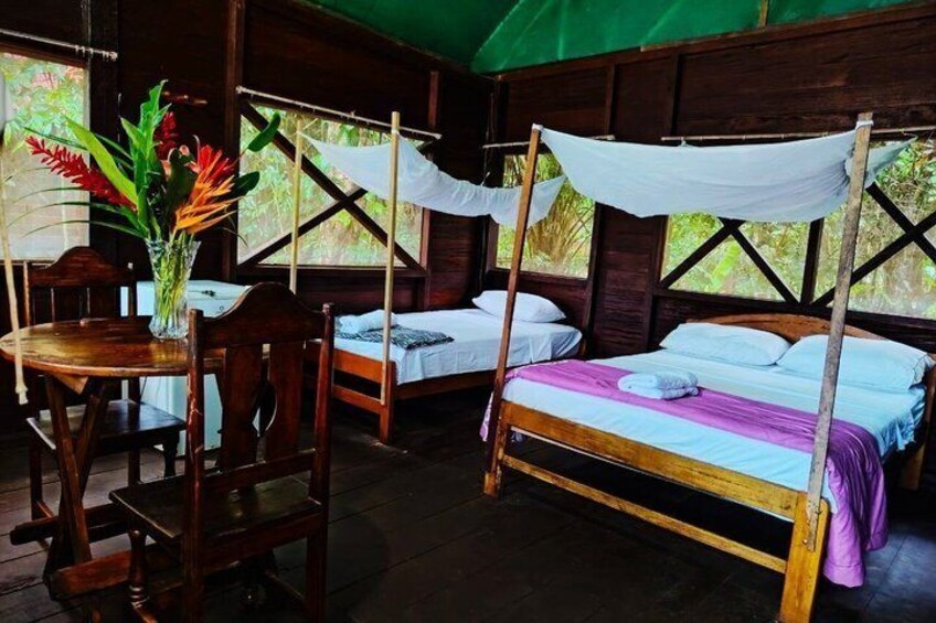A wooden cabin with two beds, a table, and a chair. 4