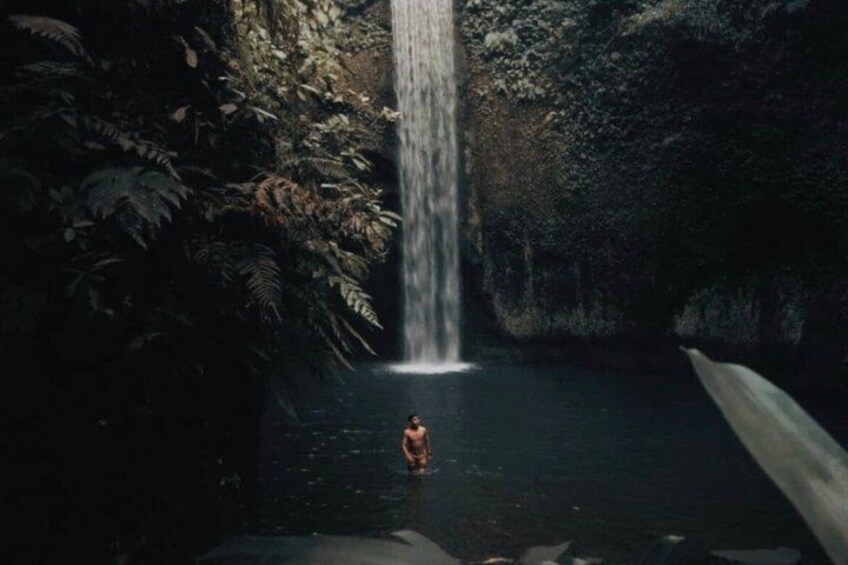 A waterfall in a forested area with a person standing in the water. 2