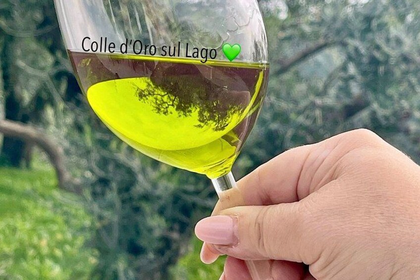 A hand holding a wine glass with a label that reads 'Colle d'Oro sul Lago' and a green heart symbol. 2