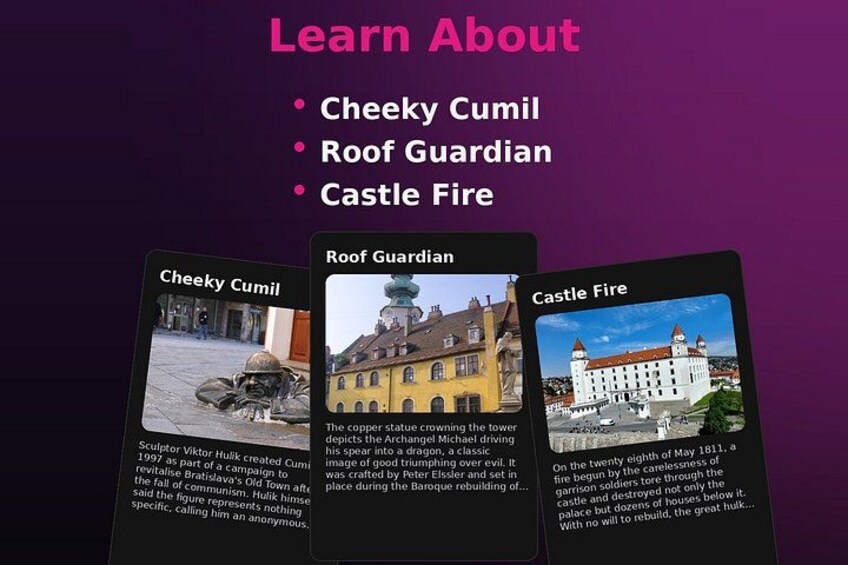 Three cards titled Cheeky Cumil, Roof Guardian, and Castle Fire with descriptions and images. 2