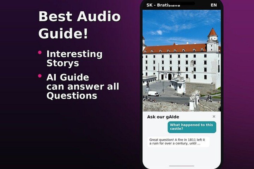 A smartphone displaying an audio guide interface with a castle image and a question prompt. 4