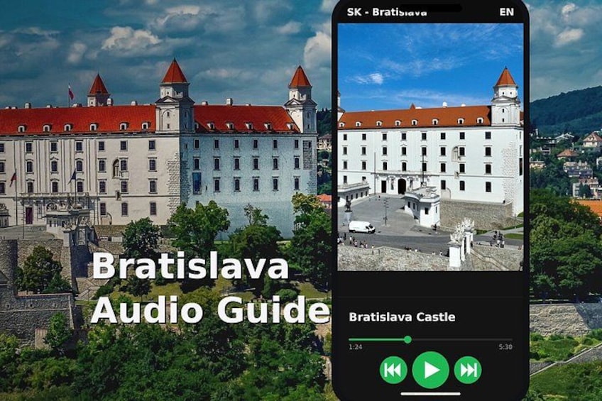 A smartphone displaying a guide to Bratislava Castle with a view of the castle and surrounding landscape. 1