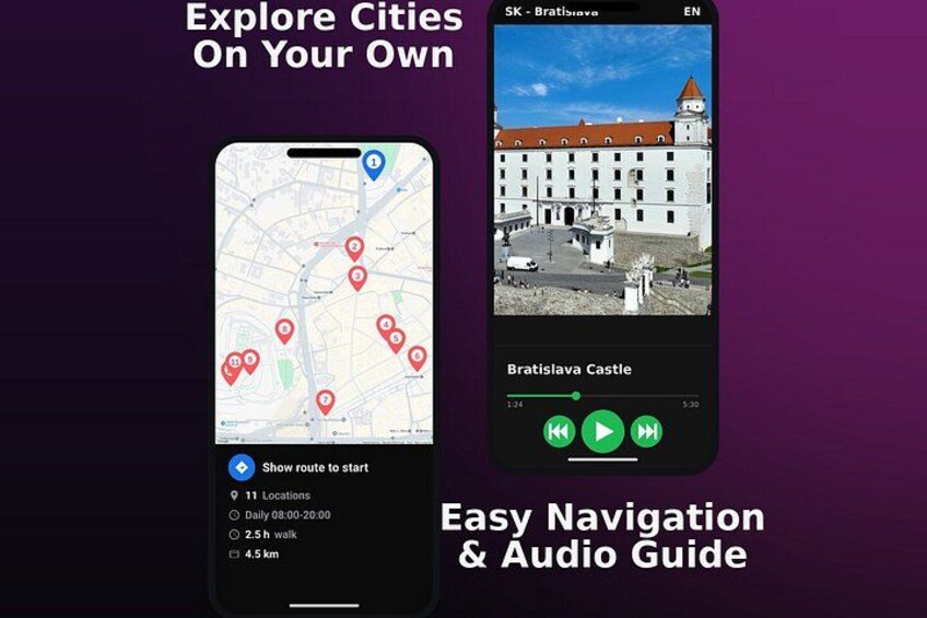 A smartphone displaying a map with red location markers and an audio guide for Bratislava Castle. 3