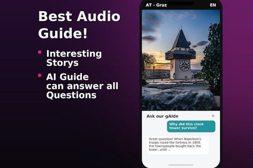 A smartphone displaying an audio guide interface with a clock tower image and a question prompt. 2