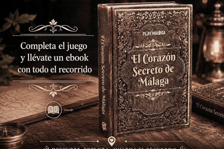 A book titled 'El Corazón Secreto de Málaga' with a decorative cover, placed on a wooden surface with a compass and other items in the background. 3
