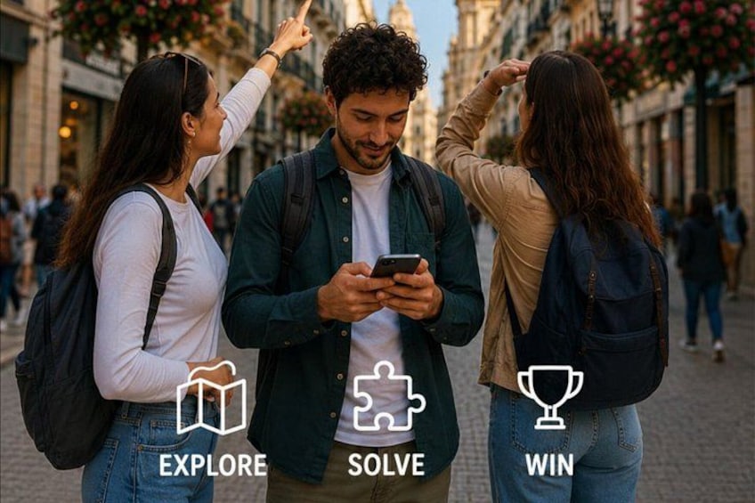 Three people walking on a street, one pointing at a smartphone. 4