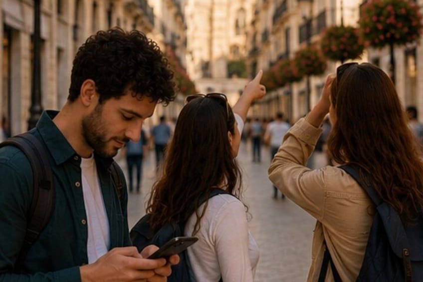 A man using a smartphone, two women looking at a map, and a street lined with buildings. 3