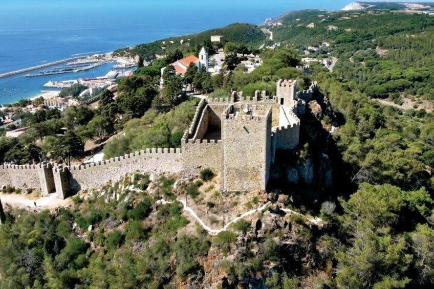 A historic stone castle with a large tower, surrounded by dense forest and overlooking a coastal area. 1