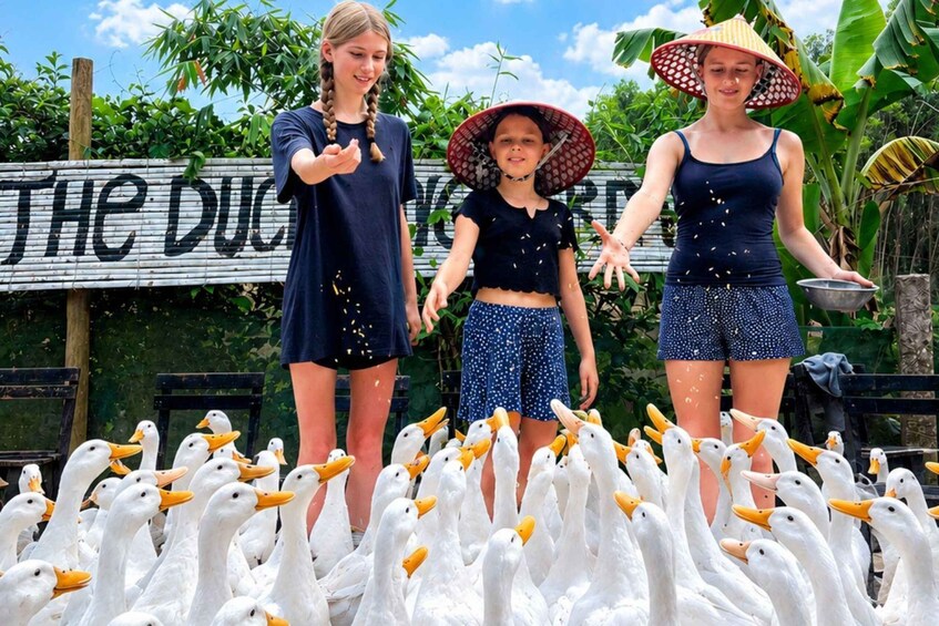 Three people interacting with a flock of ducks in a farm setting. 1