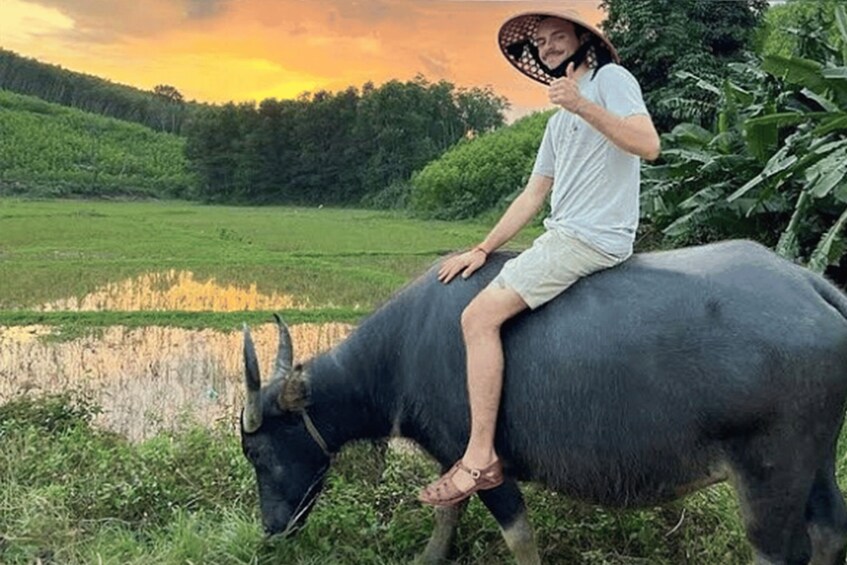 A person sitting on a buffalo in a lush green field with a body of water and trees in the background. 3