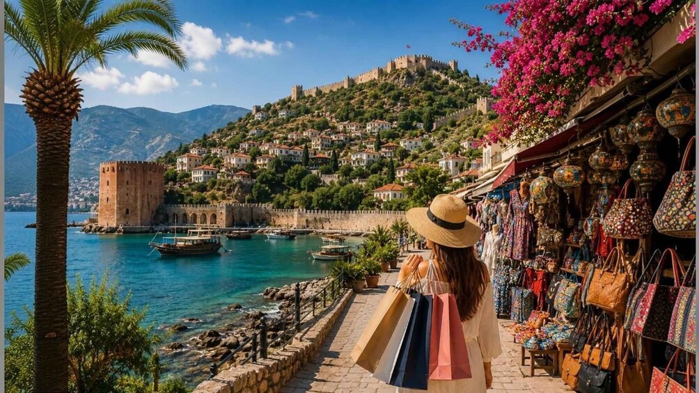 A coastal town with a historic tower, a bustling market, and a clear view of the sea. 4