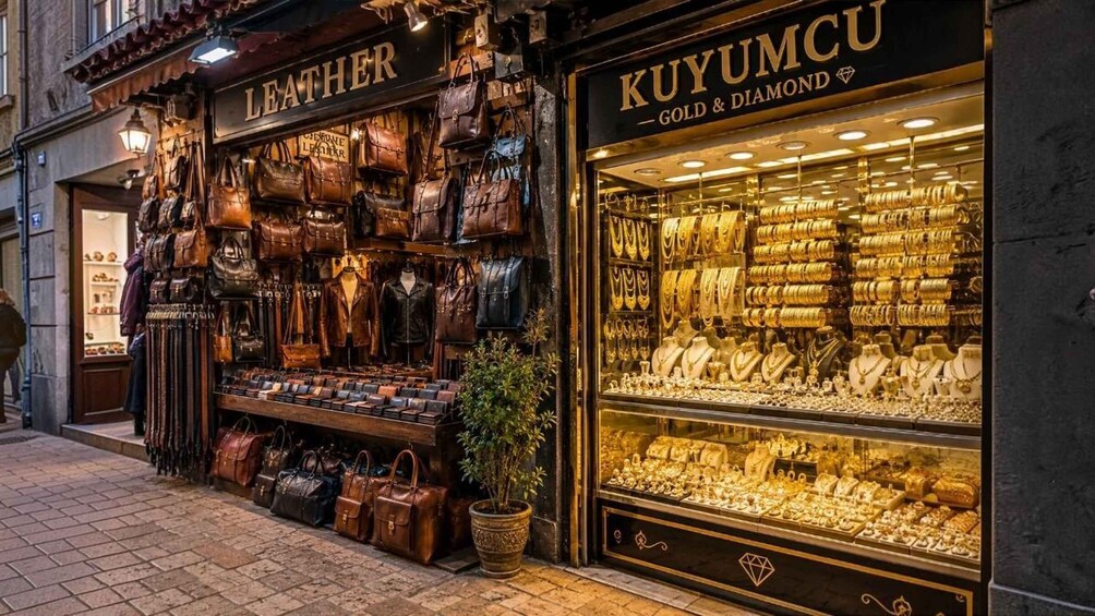 A storefront with leather goods and a display of gold and diamond jewelry. 1