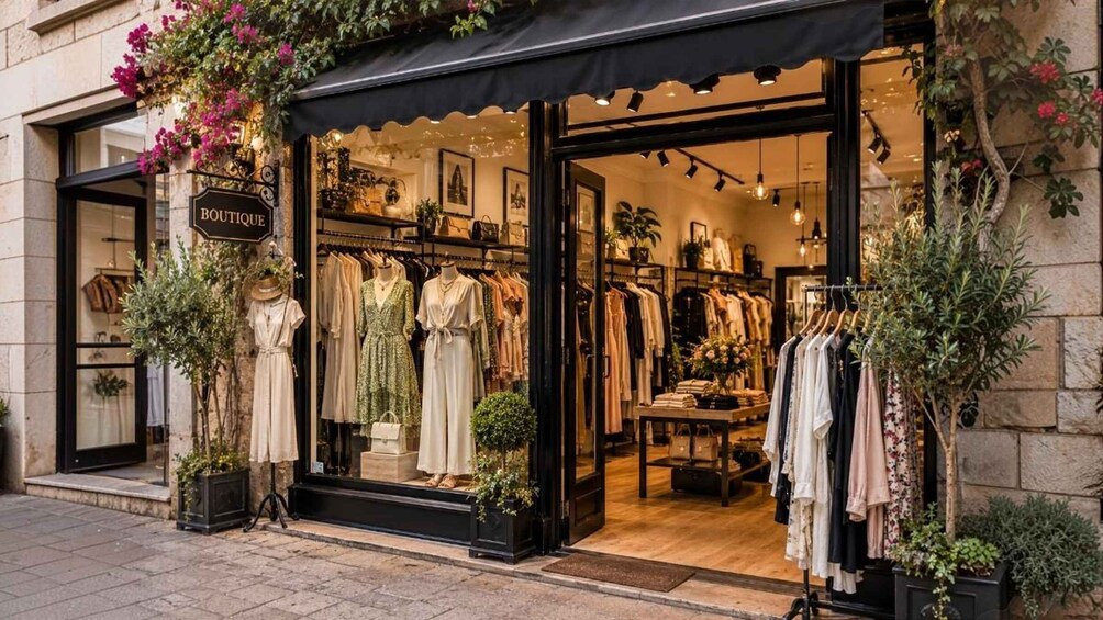 A boutique with a black awning, clothing racks inside, and potted plants outside. 5