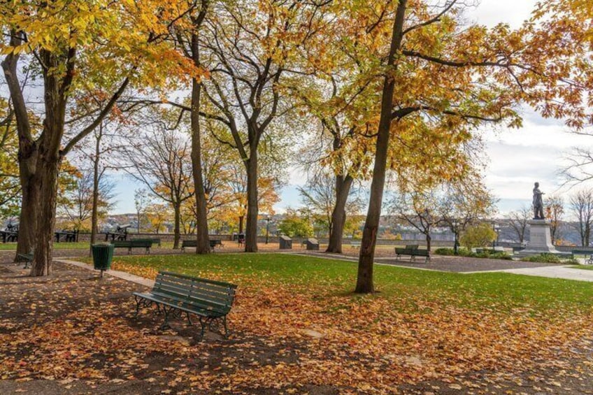 A park with autumn leaves, benches, and a statue in the background. 3