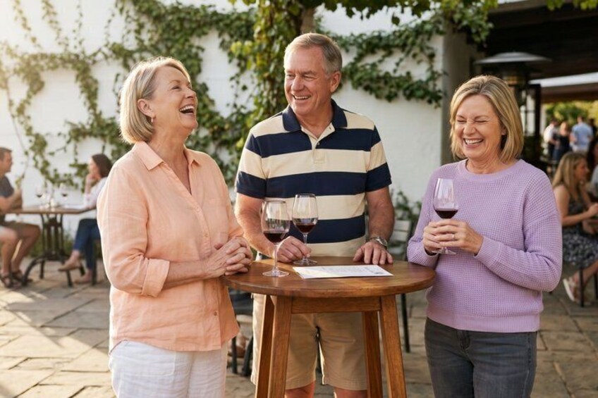 Three people standing at an outdoor table with drinks, surrounded by greenery and a white wall. 2