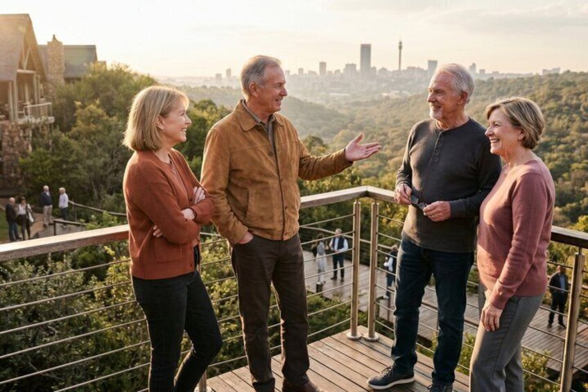 A group of people on a wooden deck overlooking a cityscape with greenery and a distant tower. 5