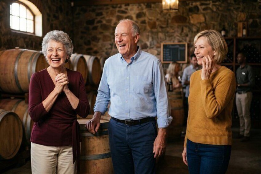 Three people in a cellar with wooden barrels. 4