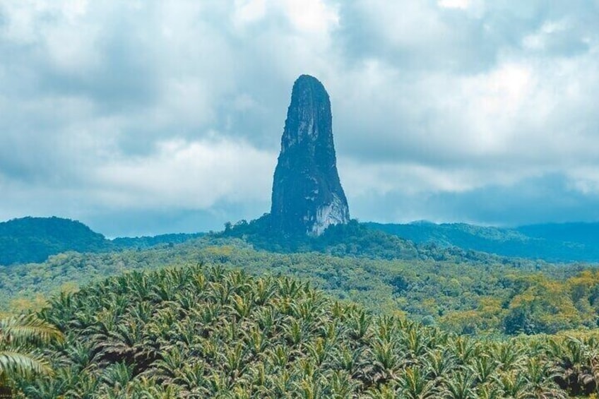 A mountain with a distinct peak, surrounded by dense tropical vegetation. 5