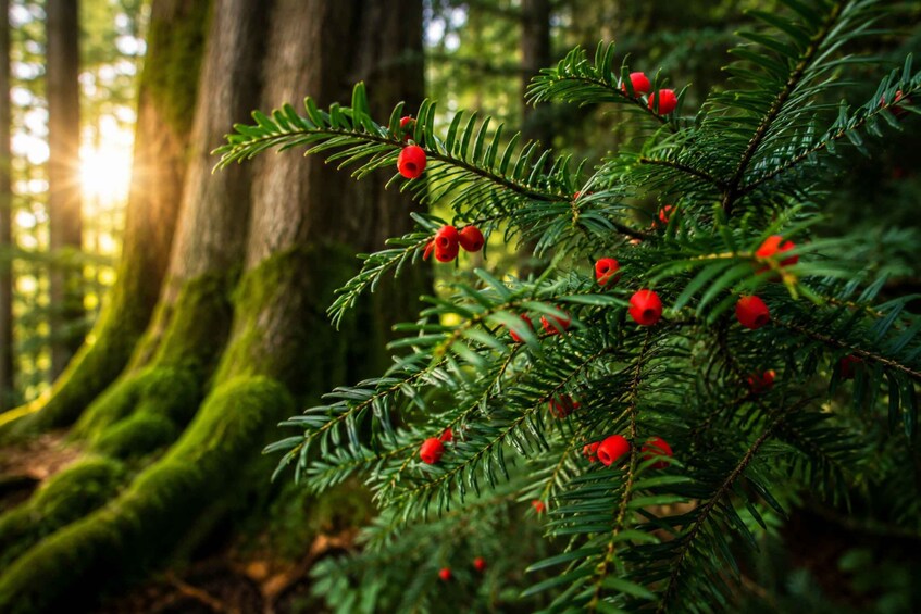 A coniferous tree with red berries and moss-covered roots in a forest. 3