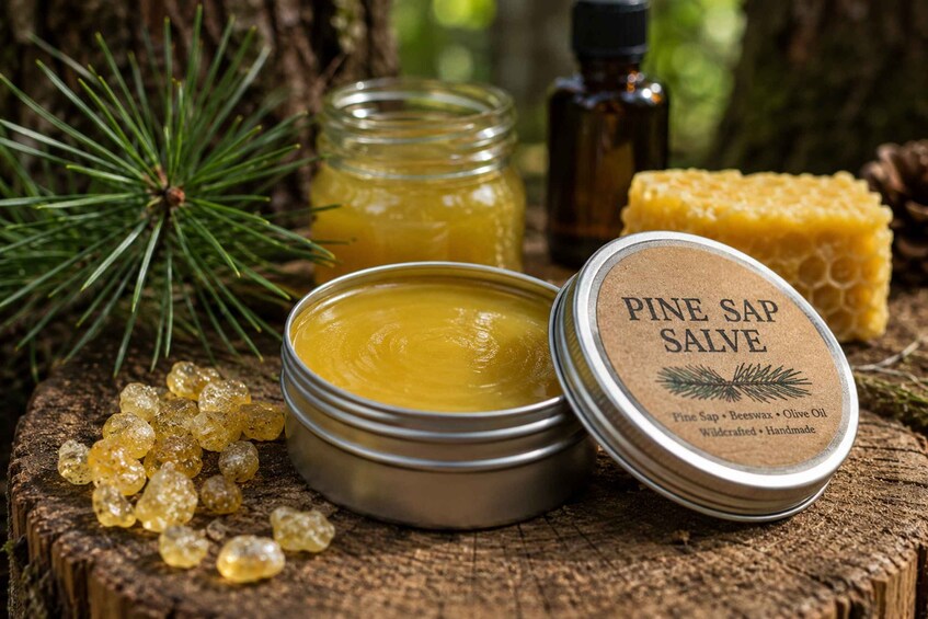 A Pine Sap Salve tin, honeycomb, pine needles, and a jar of honey on a wooden surface. 1