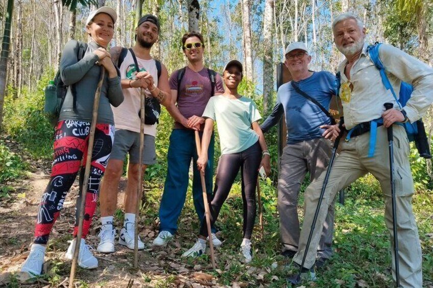 A group of people hiking in a forested area with trees and a dirt path. 1