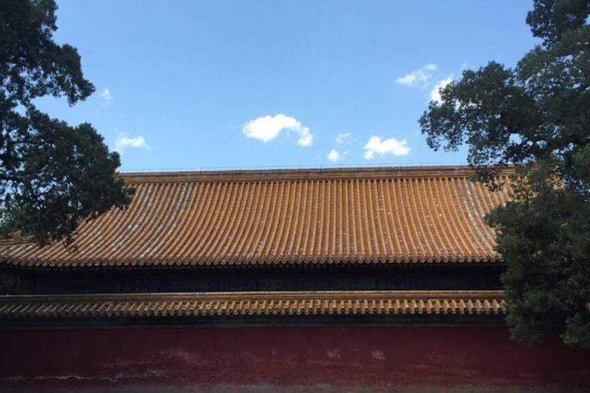 A traditional building with a tiled roof and a red wall. 3