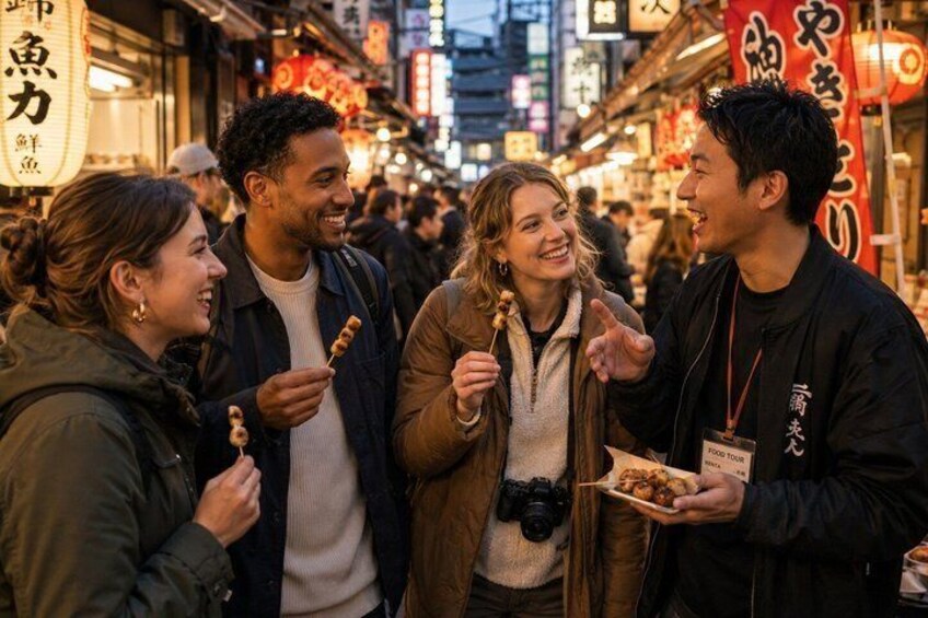 A group of people in a busy street market with signs in a foreign language. 3