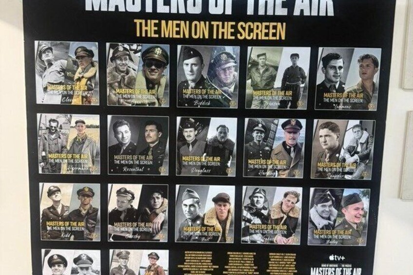 A poster titled 'MASTERS OF THE AIR' featuring various military personnel. 2