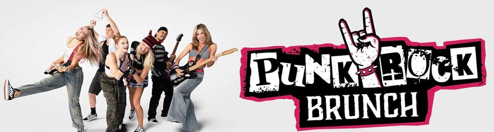 A group of people with guitars, a rock hand sign, and the text 'Punk Rock Brunch'. 3