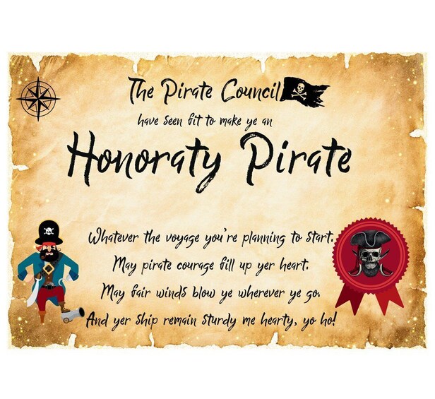 A pirate-themed certificate with a compass, a pirate character, and a red seal. 2