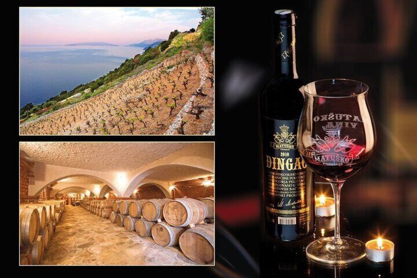 A vineyard, wine barrels, a bottle of wine, and a glass. 1