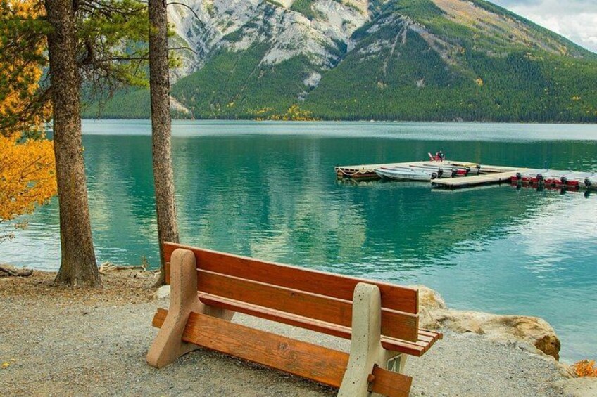 A wooden bench by a lake with boats docked. 3