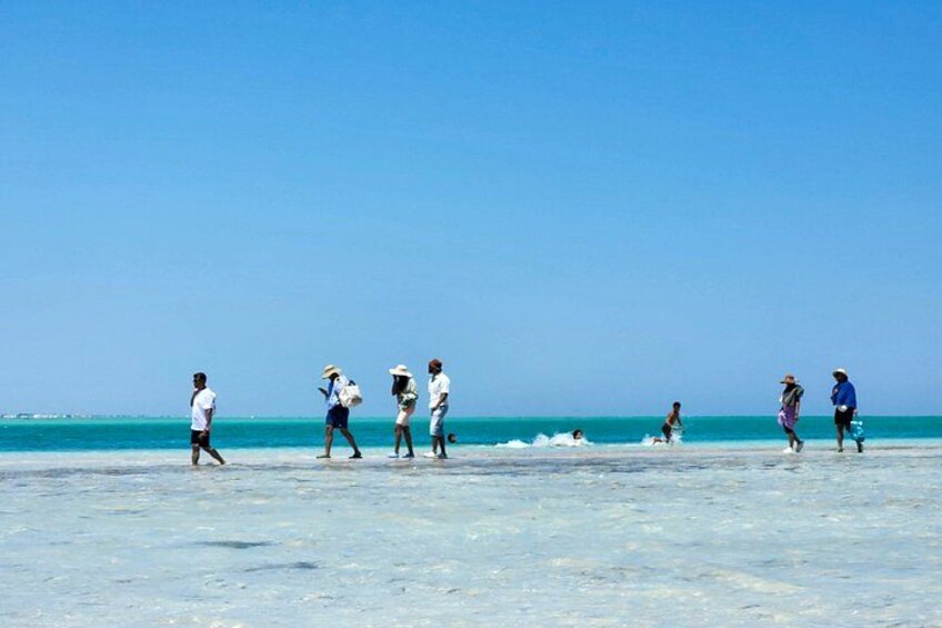A beach with people walking and swimming. 2