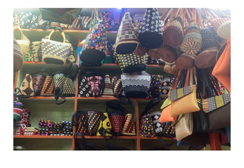 A variety of colorful woven bags displayed on shelves. 4