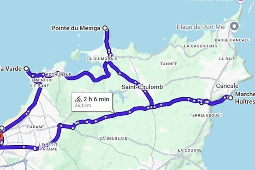 A cycling route from La Varde to Huitres, passing through Saint-Coulomb and other towns, with a total distance of 36.1 km and an estimated time of 2 hours and 6 minutes. 1