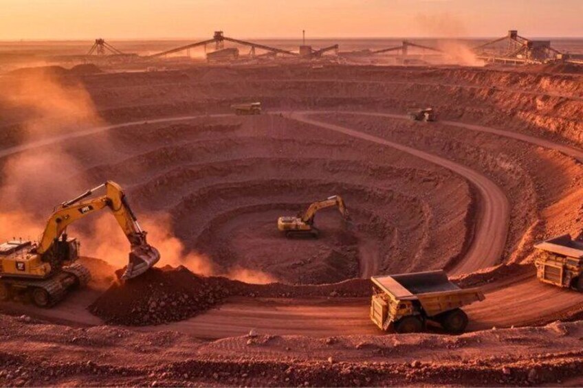 A mining operation with heavy machinery and a large dump truck. 2
