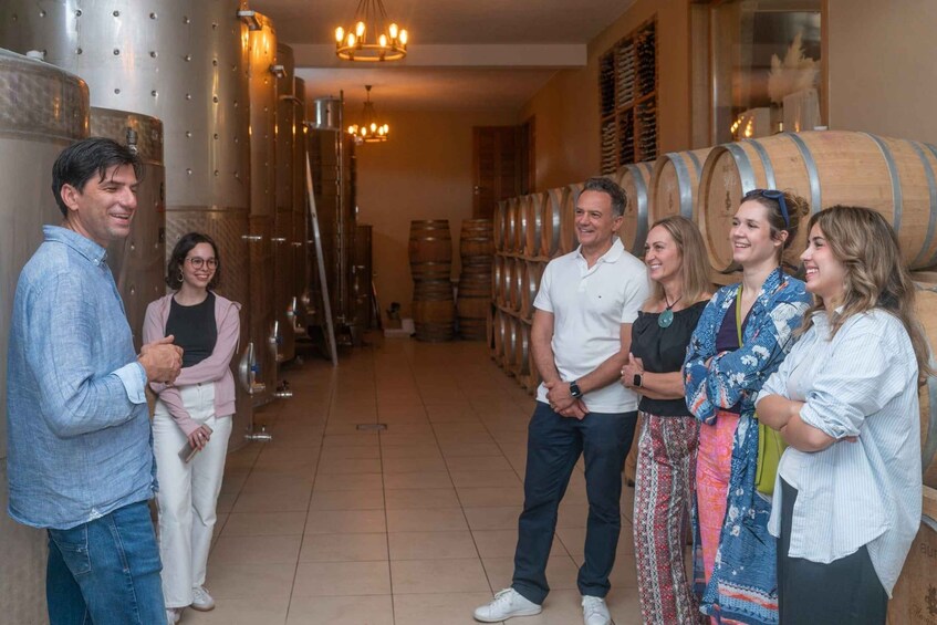 A group of people in a wine cellar with wooden barrels and stainless steel tanks. 2