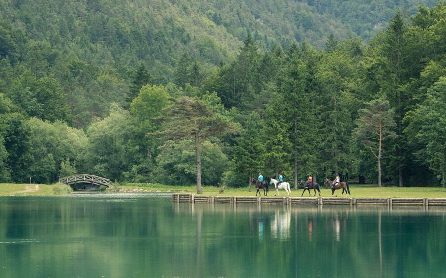 A group of people riding horses along a lakeside path with a wooden bridge in the background. 3
