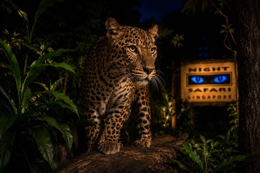 A leopard in a naturalistic setting with a sign reading 'NIGHT SAFARI SINGAPORE.' 2