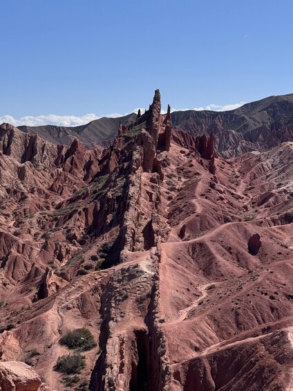 A rugged, rocky mountain landscape with prominent peaks and deep valleys. 4