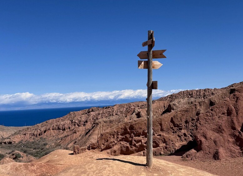 A wooden signpost with multiple directional arrows against a backdrop of a desert landscape and a clear blue sky. 1