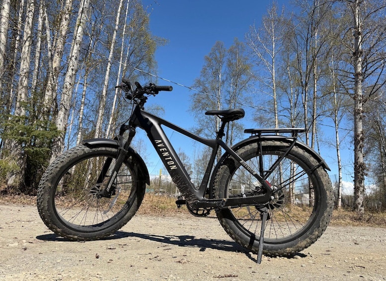 A black electric bike with 'AVENTON' branding parked on a dirt path surrounded by trees. 4