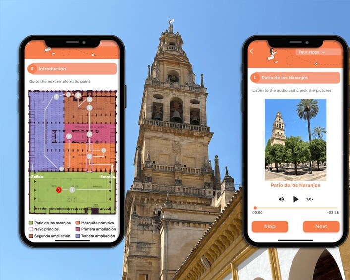 Two smartphones displaying a map and a photo of a historic building. 5