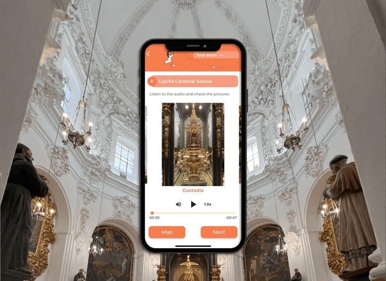 A smartphone displaying a tour stop with an audio guide for Capilla Cardenal Salazar, featuring ornate ceiling and statues. 4